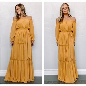 Baltic Born Mustard Yellow Tiered Maxi‎ Dress Medium Off The Shoulder Oeasant
